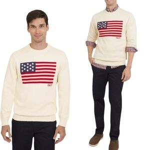 Chaps Sweater Mens Size Large Cream Knit American Flag Crew Neck Pullover